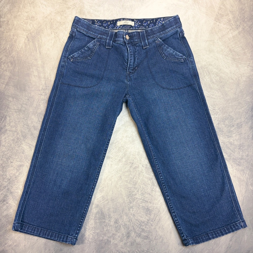 Levis Womens Mid Rise Wide Leg Cropped Jeans Blue Paisley Waistband Size 31x20‎